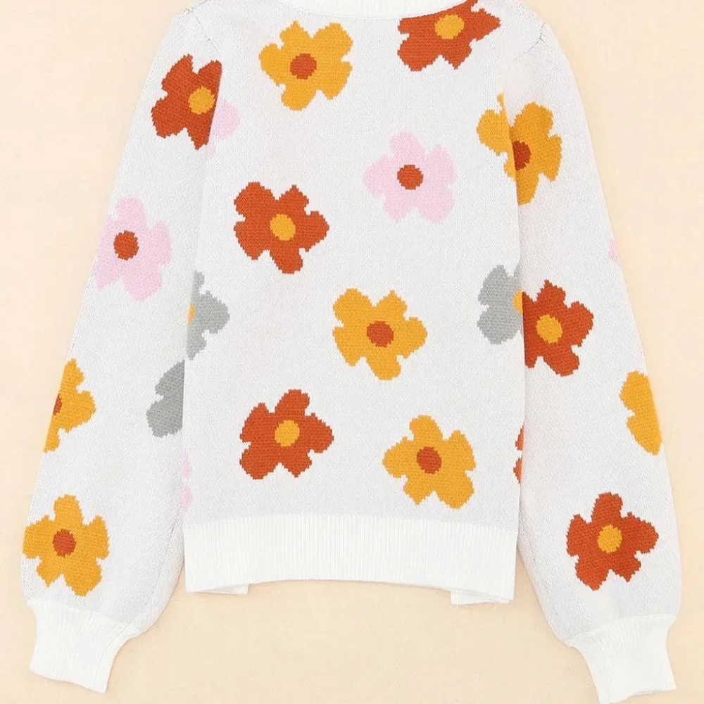White Sweet Flower Knitted Ribbed Hem Sweater - Picture 10 of 13
